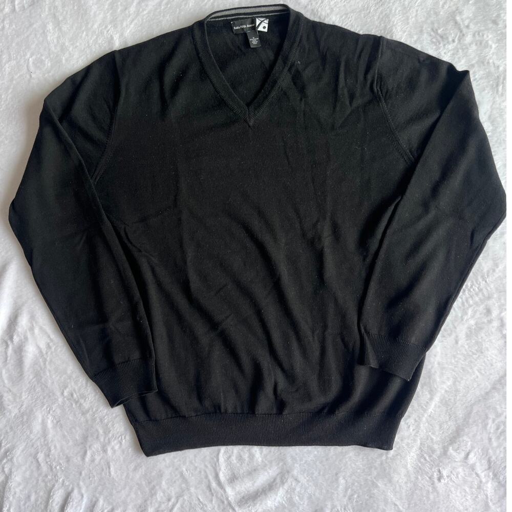 Saks Fifth Avenue Black Merino Wool V-Neck Sweater M